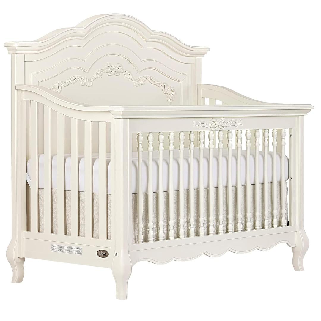 volur Aurora 5-in-1 Convertible Full-Size Baby Crib in Ivory Lace, Green Guard Gold & JPMA, 3 Mattress Heights Ribbon Bow Scrollwork & Queen Anne Feet, Converts to Toddler, Day & Full-Size Bed