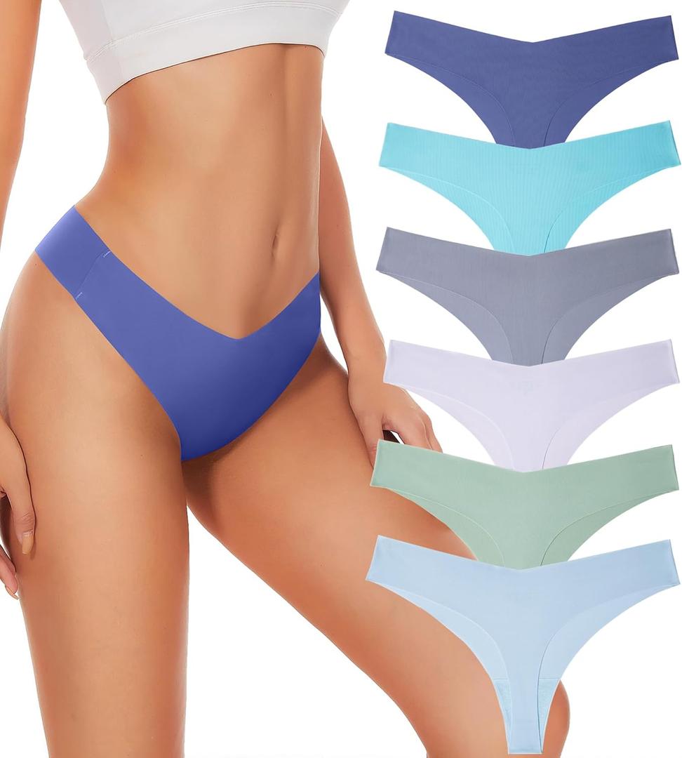 Hellopopgo Seamless Thongs For Women V-waisted No Show Thong Seamless Panties Breathable Comfortable Underwear Womens 6-Pack, Large