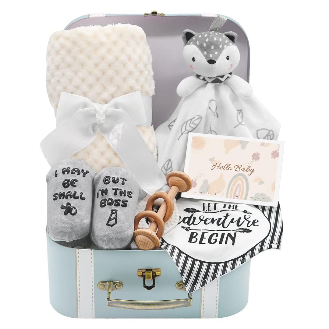 Baby Shower Gifts, Baby Boy Gifts Basket Includes Newborn Blanket Baby Lovey Security Blanket Wooden Rattle Toy, Funny Baby Bibs Socks & Greeting Card - Baby Gift Set Newborn Shower Basket