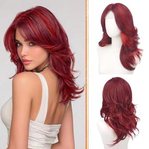 Haloo Red Layered Wigs with Curtain Bangs Lace Front Hairline Long Wavy Natural Looking Middle Part Synthetic Hair Wig for Women Daily Party Costume, 20 Inch Mixed Red