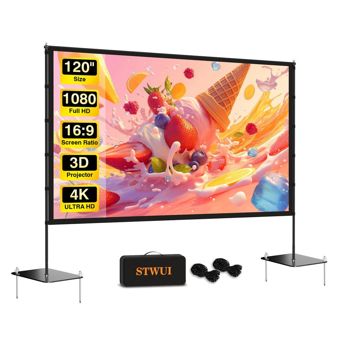 STWUI Outdoor-Projector-Screen-with-Stand - 120 inch Portable Projection Screen Indoor Outdoor Projector Screens 16:9 4K HD Lightweight Movie Screen with Carry Bag for Backyard Movie Night