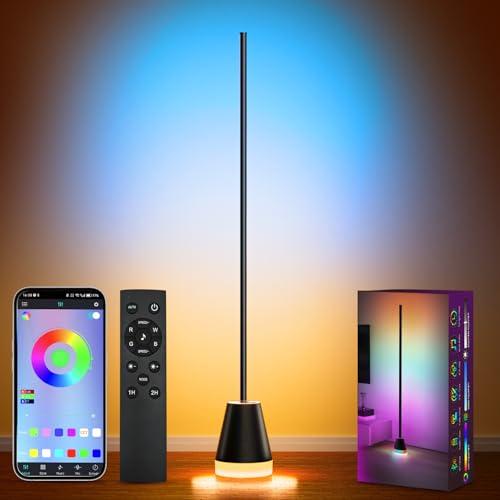 Keepsmile Smart RGB LED Corner Floor Lamp,Bright Tall Standing Lamps with APP and Remote,Modern Floor Lamp with Music Sync and 16 Million Colors, Ambient Lighting for Living Room Matte Black 1 Pack