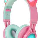 Riwbox CT-7 Cat Ear Bluetooth Headphones, LED Light Up Bluetooth Wireless Over Ear Headphones with Microphone and Volume Control for Travel/School/Smartphones/Laptop/PC/TV (Pink&Green)