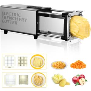 YOTAN Electric French Fry Cutter,French Fry Cutter Stainless Steel with 1/2 & 3/8 Inch Blade,Commercial and Household Electric Fry Cutter,Potato Slicer,Use for Potatoes,Onion,Cucumbers,Apples (Silver)