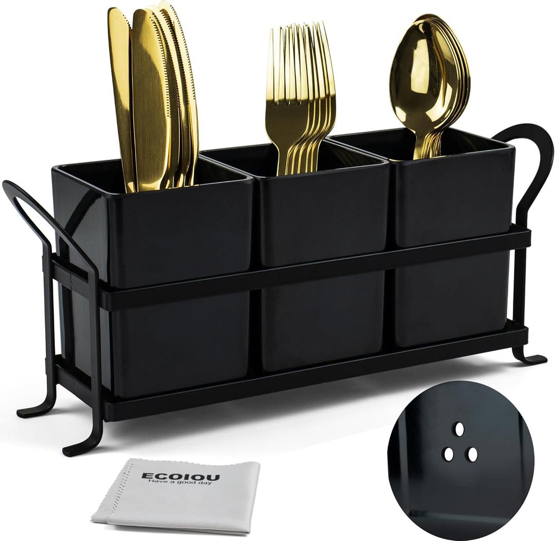 ECOIOU Cutlery Holder with Drain Holes, Dishwasher Safe Silverware Caddy for Party, Kitchen Counter, 3pcs Bins Set Countertop Utensil Holder for Spoons, Forks and Knives, Black