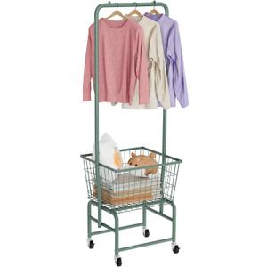 Rolling Laundry Cart with Wheels, Laundry Hamper Basket Organizer with Clothes Hanging Rack, Wire Storage Cloth Shelf Butler, Green, 23 x 19 x 2.73 inches
