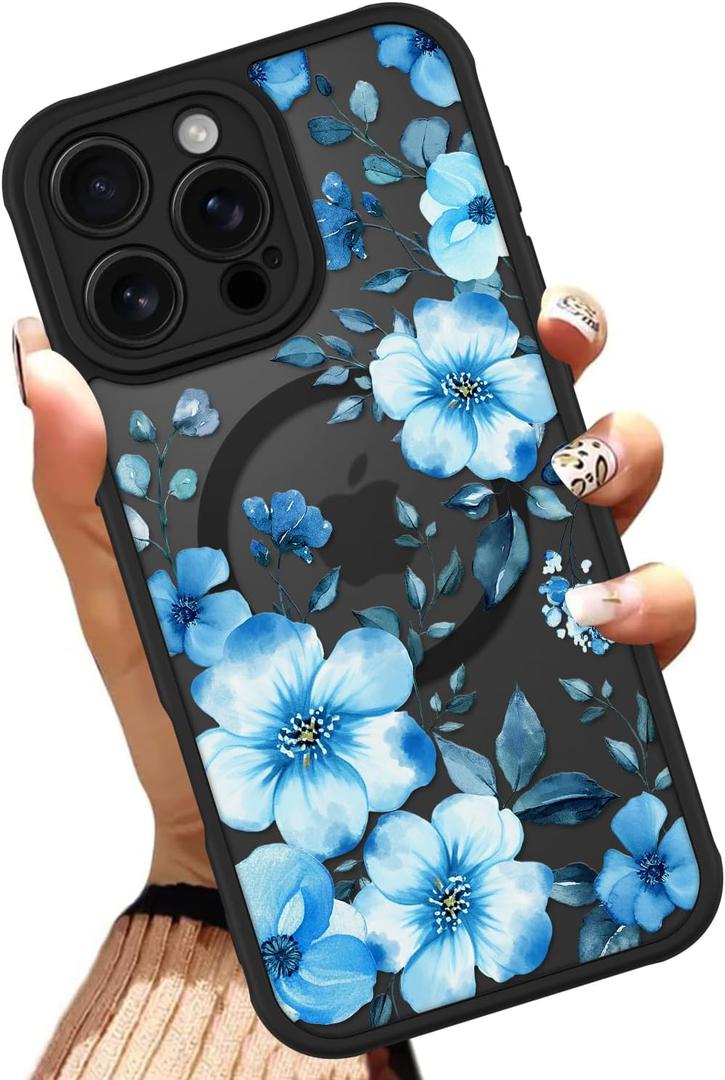 OOK Magnetic Case Fit for iPhone 16 Pro 6.3 Inch (Compatible with MagSafe) Soft TPU and Hard PC Phone Cover with Blue Floral Flowers Anti-Scratch Shockproof Protection Case for Women
