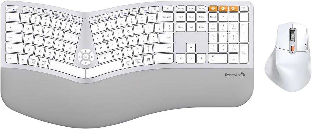 ProtoArc Ergonomic Wireless Keyboard Mouse, EKM01 Plus Full Size Ergo Bluetooth Keyboard Mouse Combo, Split Design, Wrist Rest, Multi-Device, Rechargeable, for Windows/Mac OS - White and Silver