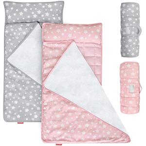 Toddler Nap Mat 2 Pack, Nap Mat for Kids Preschool, Daycare and Fleece Minky Blanket, Lightweight, Soft, Gray and Pink (21" x 50")
