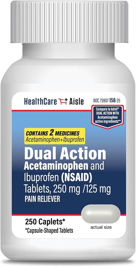 HealthCareAisle Dual Action Acetaminophen and Ibuprofen (NSAID) Tablets, 250 mg /125 mg Pain Reliever - 250ct Caplets, Expires on 03/2027