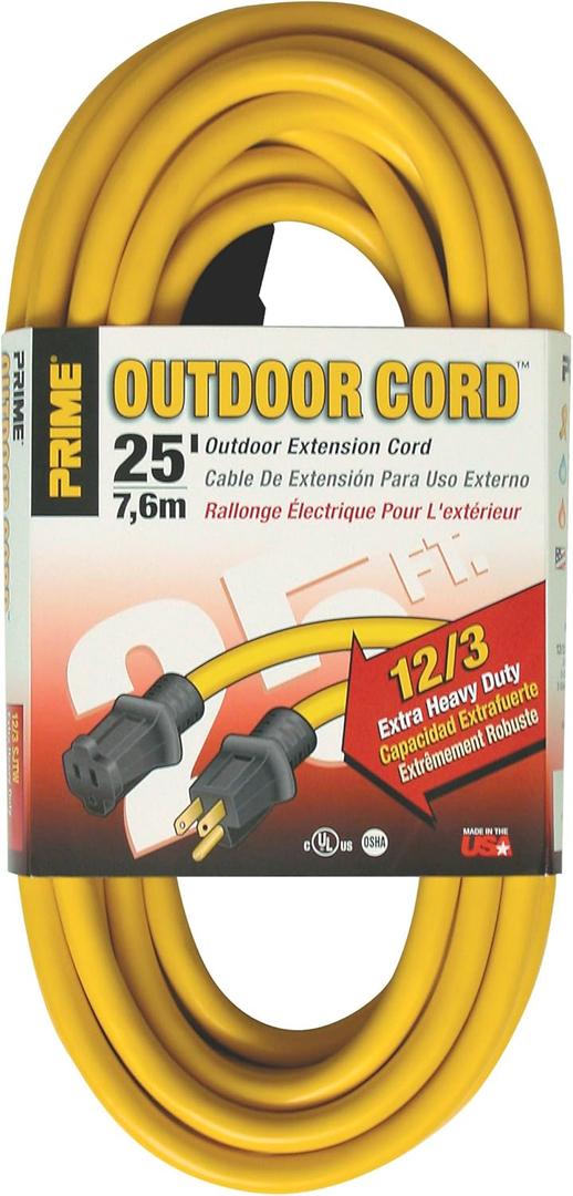 Prime EC500825 25-Foot 12/3 SJTW Jobsite Outdoor Extension Cord, Yellow