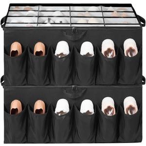 Shoe Organizer for Closet, Shoe Storage Solution with Clear Cover & Adjustable Dividers, Fabric Shoe Box Fits 16 +12 Pairs Shoes, Black, 2-Pack