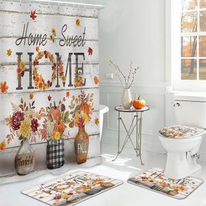 MEHOFOND 4pcs Fall Pumpkin Shower Curtain Set,Autumn Thanksgiving Shower Curtain Set,Maple Leaf Floral Rustic Wood Home Sweet Home Bathroom Decor,Thanksgiving Holiday Curtains with Hooks 72x72 in (Orange2)