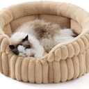 Bedsure ComfyFleece Cat Bed, Washable Round Cute Cat Beds for Indoor Cats, Super Soft Corduroy Pet Bed for Puppy and Kitten with Anti-Slip Bottom, 23''x23''x8.5'', Sandy Beige
