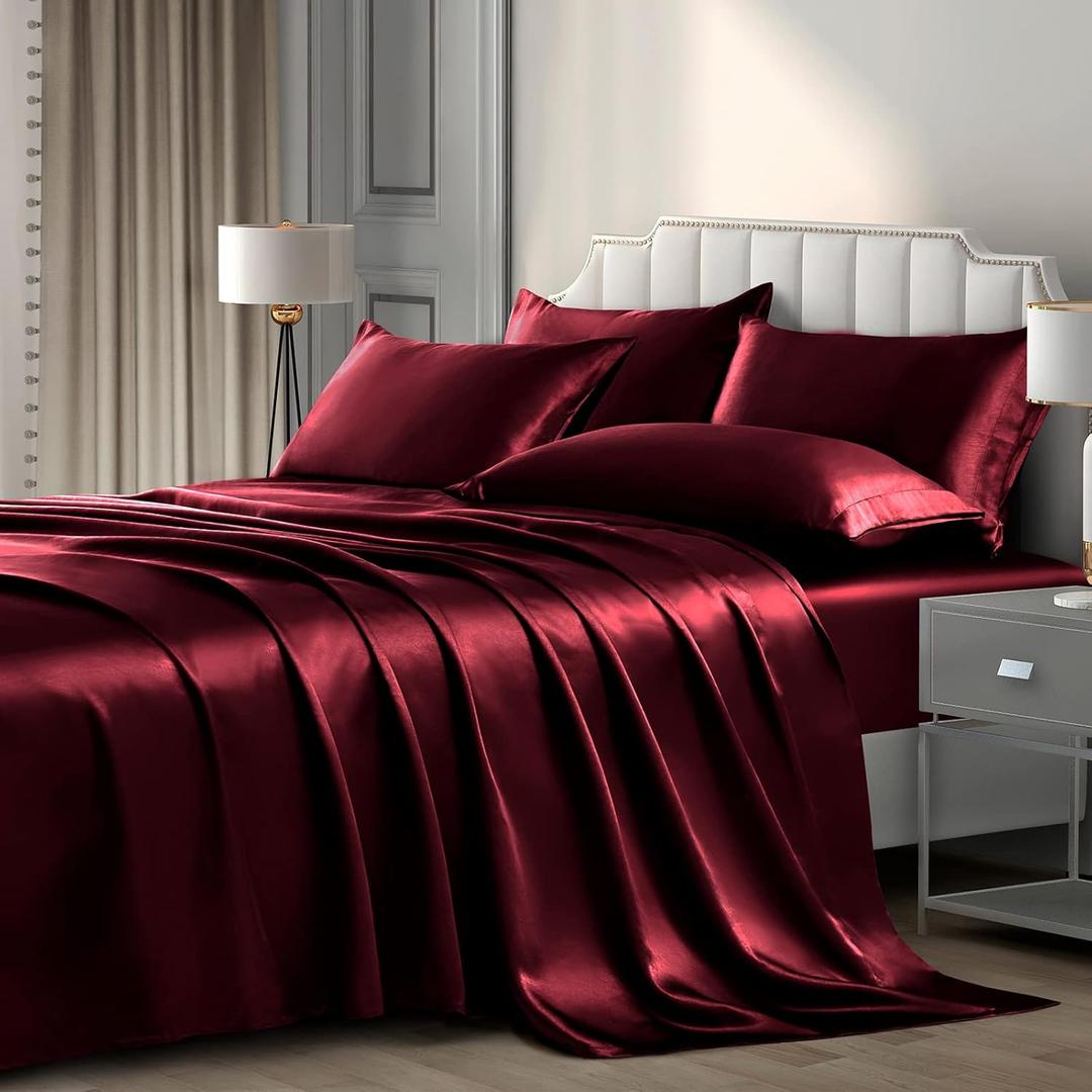 P Pothuiny 6 Pieces King Satin Sheets Luxury Silky Burgundy Satin Bedding Sheet Set, 1 Deep Pocket Fitted Sheet + 1 Flat Sheet + 4 Pillow Cases