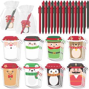 CJiangpo Christmas Sticky Note Set - 24 Pack Coffee Cup Sticky Note Pads with Ballpoint Pens Ribbons, Funny Memo Pad Stationery Set Classroom Rewards Xmas Party Favors School Office Appreciation Gifts