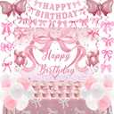 Pink Bow Birthday Decorations for Girls Women, Coquette Birthday Decorations, Pink and White Happy Bday Banner Backdrop Balloons Tablecloth Hanging Swirls Cake Toppers, Bows Theme Party Decor Girl