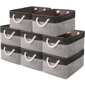 8 Pack Storage Basket Bins & Decorative Baskets Fabric Storage Cubes Containers Bulk W/Handles for Office, Home, Books, Clothes, Bedroom, Closet (Black/Grey)