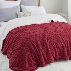 Bedsure Gentlesoft Sherpa Queen Size Blanket for Bed - Fleece Fluffy & Cozy Cable Jacquard Tufted for Women Gift, Thick and Warm Christmas Blanket for Winter, Red, 90x90 Inches
