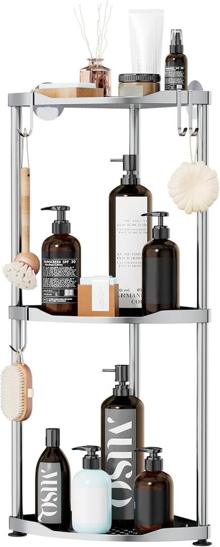 SWTYMIKI Corner Shower Caddy Standing - 3 Tier Stainless Steel Shower Organizer Stand, Large Capacity Floor Shelf with 4 Hooks, Rustproof Bathroom Storage Rack,Silver
