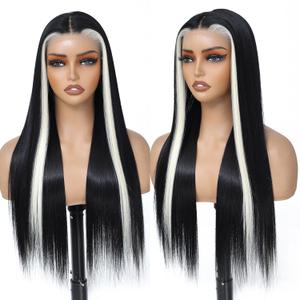 Glueless 7x5 Lace Front Wig for Women Skunk Stripe Wig Synthetic Lace Wig Pre Plucked HD Lace Straight Wig Ready to Wear Long Straight Black and Blonde Wig 26inch