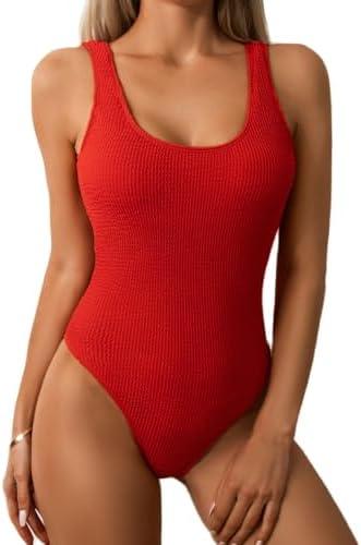 Limeeke Women One Piece Swimsuit Solid Ribbed Monokini Swimwear Scoop Neck Low Back Bathing Suit M