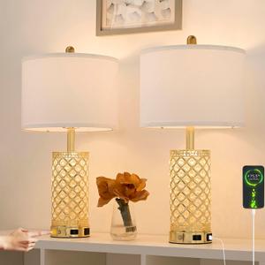 24" Modern Crystal Table Lamp Set of 2-Gold Bedroom Lamps 3-Way Dimmable Touch Lamp with Night Light, 2 USB Ports + AC Outlet Bedside Night Stand Lamp for Living Room Office (Gold-2 Pack)