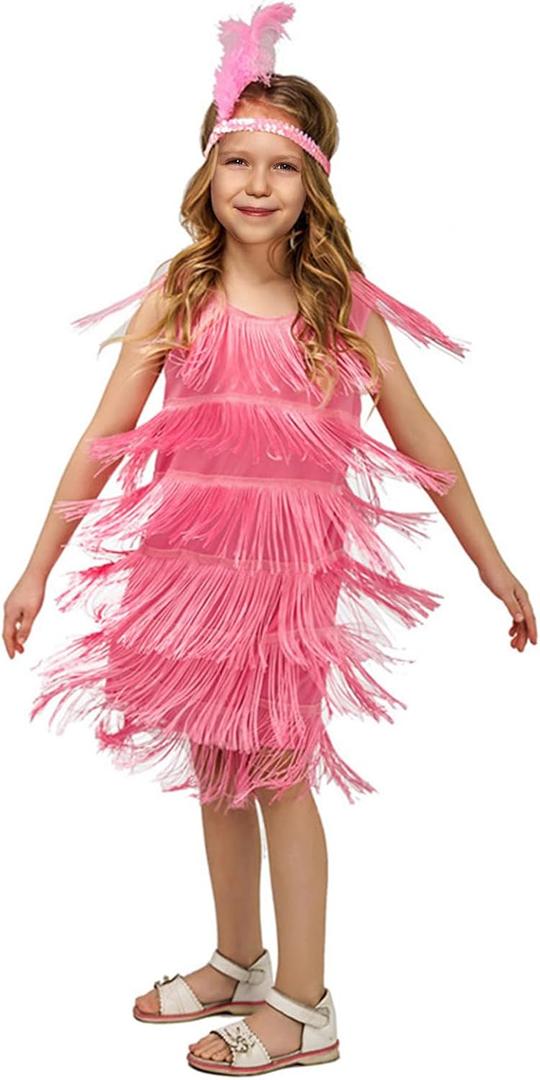 Generic Fringed Dress Round Neck Flapper Dress Retro Latin Dance Stage Costumes for 3-12 Girls (US, Alpha, Large, Regular, Pink)