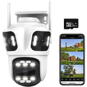 Security WiFi Camera Outdoor with Three Lens, Wired Plug-in 3X 3MP Security Camera Indoor, Pan Tilt 360 View Auto Tracking, AI/Motion Detection, 2-Way Audio, Color Night Vision, 32GB TF/Cloud Storage