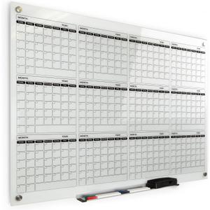 Real Glass Dry Erase Yearly Calendar, Giant Size 34" x 46", Tempered Glass Surface, Frameless Wall Mount, With 4 Assorted Color Markers and Eraser, by Better Office Products (Bright White)