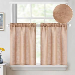 MIULEE Linen Textured Kitchen Curtains 30 Inch Length Over Sink Light Filtering Half Window Curtain Semi Sheer Farmhouse Short Rod Pocket Cafe Tier Curtains 2 Panels for Bathroom, W26XL30, Brown
