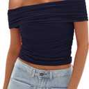 Darong Women Mesh Off The Shoulder Top Short Sleeve Double Lined Ruched Shirts Trendy Going Out Tops Summer Fashion Clothes (Blue, XS)