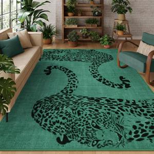 OJIA Leopard 8x10 Area Rugs for Living Room Bedroom Large Washable Rugs, Thin Modern Green Nursery Rug Non-Shedding Kids Playroom Rug Stain Resistant Large Carpet Accent Rugs for Kids Room Dining