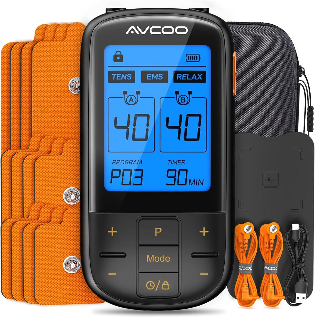 AVCOO 3-in-1 TENS Unit with 32 Modes, Dual Channel EMS Muscle Stimulator with 40 Intensities for Gradual Pain Relief Therapy, Rechargeable Electronic Pulse Massager with 12 Electrode Pads, EVA Case