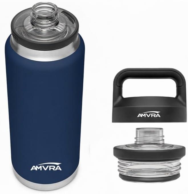 AMVRA Rambler 18 oz Bottle, Vacuum Insulated, Stainless Steel with Chug Cap, Leakproof, BPA Free – Keeps Drinks Cold 24H Hot 12H – Reusable Travel Bottle, Navy
