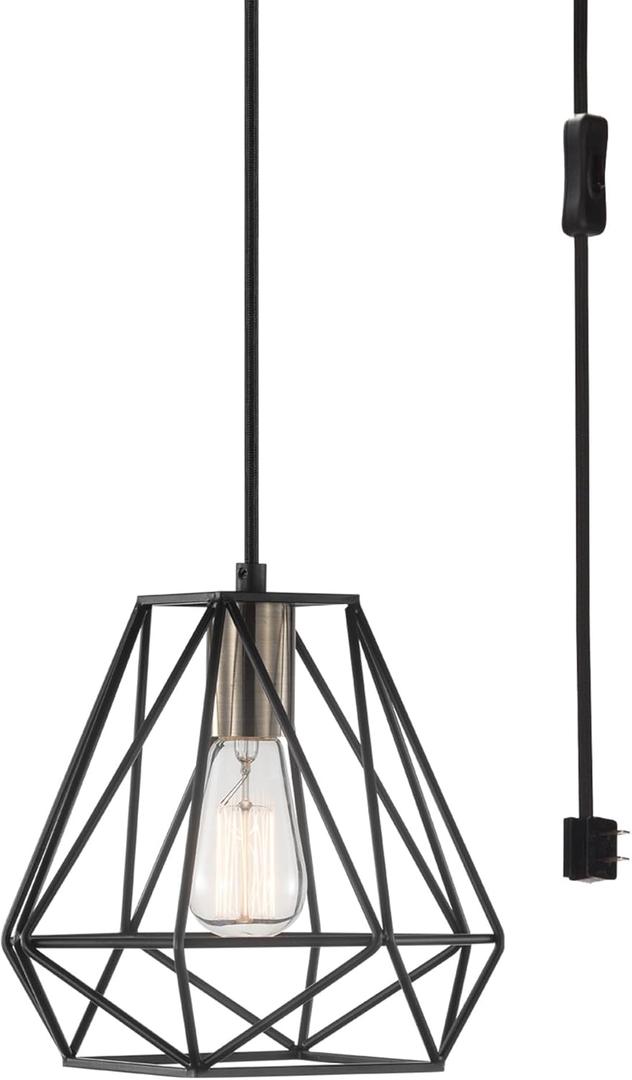 GLOBE Electric 60846 1-Light Plug-in or Hardwire Pendant Lighting, Dark Bronze, Antique Brass Accent Socket, Cage Shade, 15-Foot Black Fabric Cord, in-Line On/Off Switch, Bulb Not Included