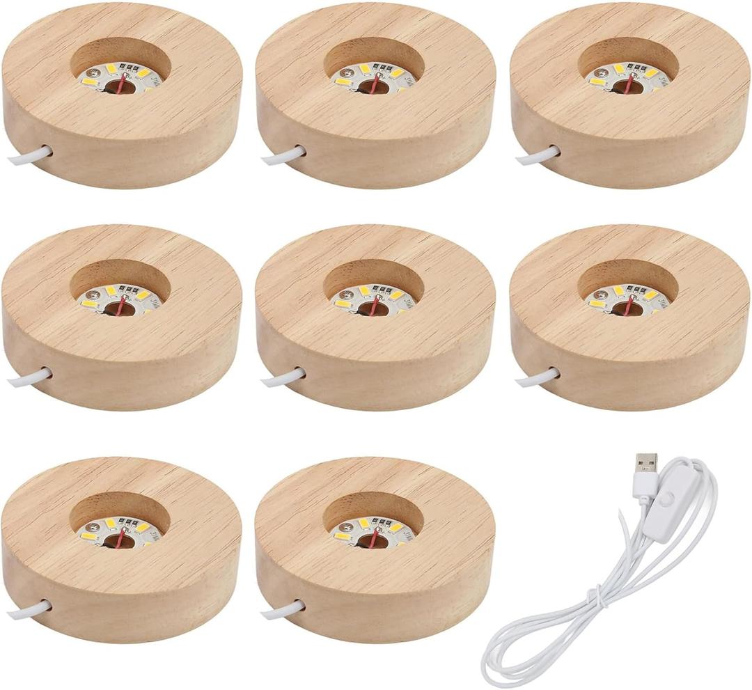 8-Pack Warm Light LED Base for Crystal Glass Ball - 2.5in LED Wood Display Base - Glass Crystal Artwork, Holiday Party Decoration