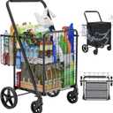 Folding Shopping Cart with Waterproof Bag, Grocery Cart with Encrypted Mesh Bottom, 23 Gal Double Basket & 360 Swivel Wheels, 260 Lbs Heavy Duty Shopping Carts for Groceries, Laundry
