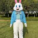 To.beone Easter Bunny Mascot Costume with Blue Jacket, Striped Bow Tie, Adult Size Full Body Rabbit Character Suit for Holiday Events and Parties (White, S)