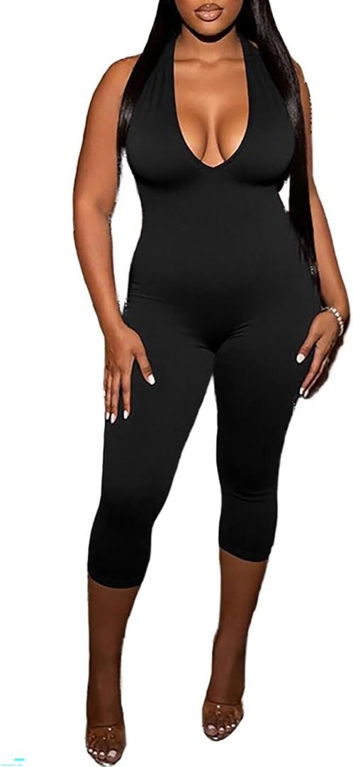 Women Sexy Deep V Neck Sleeveless Backless Bodycon Capri Jumpsuit Halter Party Club Rompers One Piece Outfits (Black, XS)