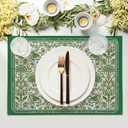 Green Floral Boho Placemats Set of 4, 12x18 Inch Vintage Chinoiserie Block Print Place Mats Seasonal Spring Summer Rustic Farmhouse Table Mats for Party Kitchen Dining Outdoor Indoor Decor