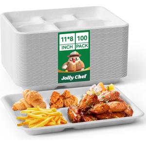 JOLLY CHEF Compostable  Compartment Paper Plates  *   [ ] Heavy Duty White Divided Disposable Plate Eco-Friendly Biodegradable Containers Food Tray for Party Lunch Buffet (11*8in-100pack)