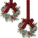 Syhood 2 Pieces 9" Mini Christmas Wreath Mini Cabinet Wreaths for Kitchen Christmas Red Berry with Red and Black Plaid Bow Farmhouse Wreath for Holiday Xmas Party Decorations(Buffalo Plaid Bow)