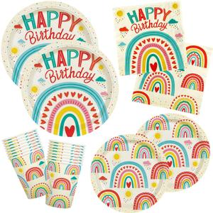 Retro Rainbow Themed Happy Birthday Party Supplies Set - Vibrant Disposable Paper Plates, Cups and Napkins - Fun & Colorful Design for Boys/Girls - For 16 Guests
