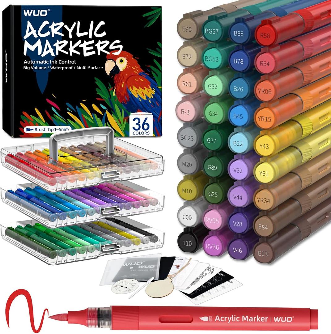 WUO 36 Colors Acrylic Paint Markers, High Opacity Automatic Ink Control Brush Tip Pens, Water-Based No-Bleed Markers for Rock, Canvas, Wood, Glass, Ceramic, and DIY Art Supplies