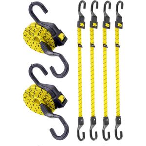 6 Pcs 24 Inch Flat Adjustable Bungee Cords with Hooks, 3X Faster to Adjust The Length, Lucky Straps Black/Yellow Heavy Duty Bungee Straps for Cargo, Bike, Cart, Tent, Truck, Camping, Outdoor