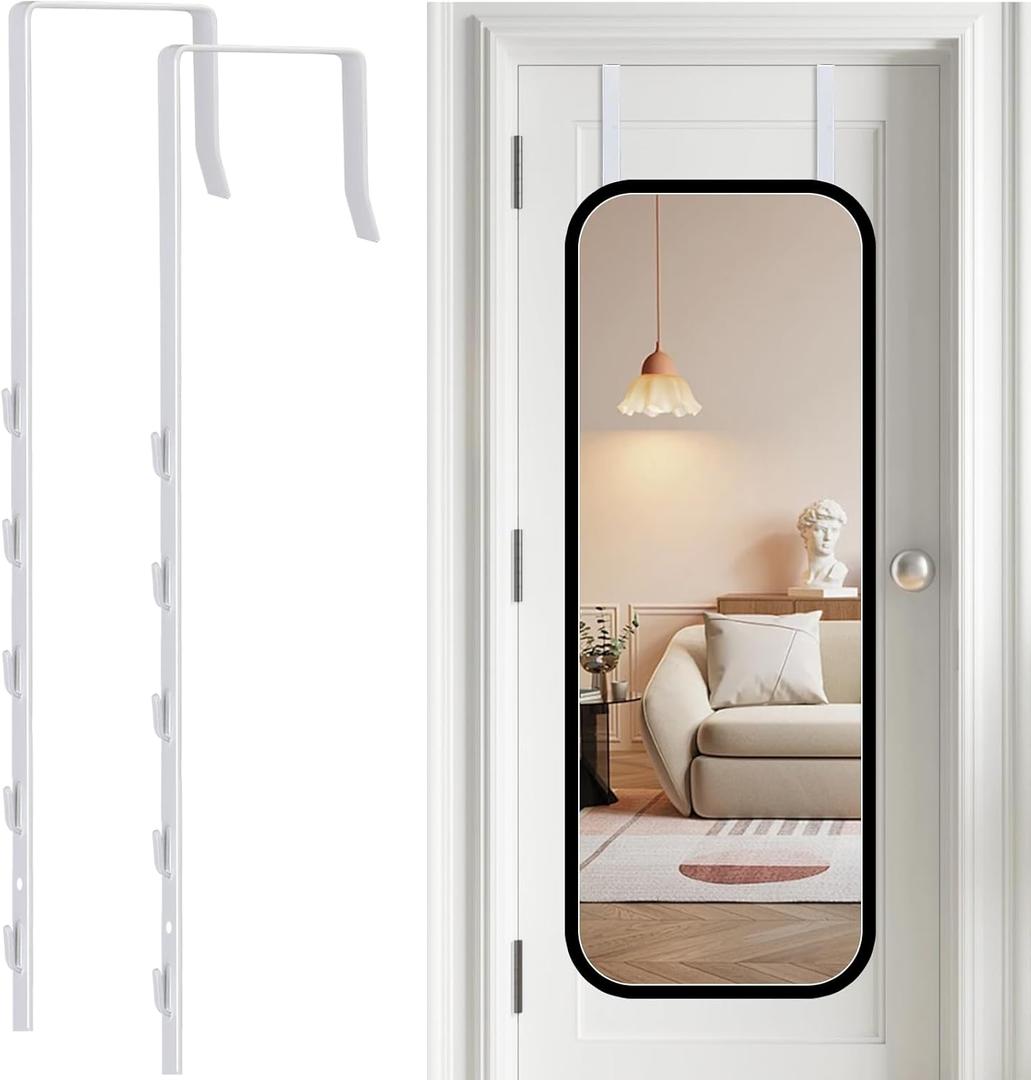 Over-The-Door Mirror Hanger, Adjustable 13.6 in Door Mirrors Hanger with Protective Lining, Prevent Scratches, 2 Pcs Mirrors Brackets Perfect Height and Fit (Mirror Not Included) - White
