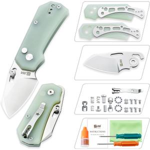 JIN Rhino Small Pocket Knife for Men, Button Lock EDC, Folding Knife Kit, 2" 9Cr18Mov Satin Blade, Jade G10 Handle, Gift for Men Women, Razor Sharp Camping Knives