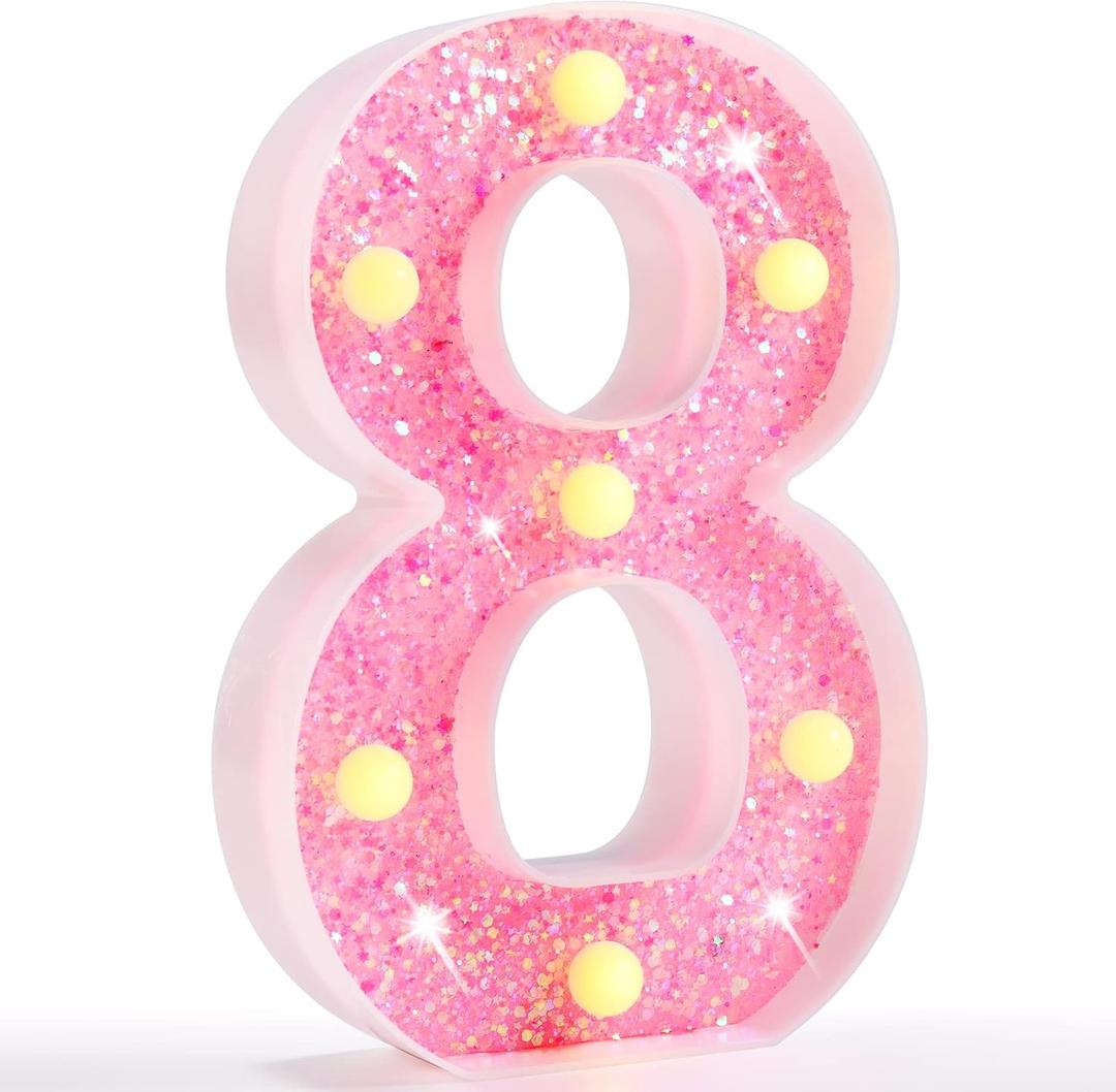 Pooqla Marquee Numbers, Pink Light Up Numbers for Girls 8th 18th Birthday, Battery Powered Glitter Number Night Light Gift for Christmas Bedroom Dorm Classroom Party Decoration, Pink Number 8 (Warm White)