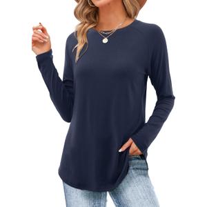 DittyandVibe Womens Tee Shirts Raglan Long Sleeve Crew Neck Tops Fall Casual Loose Tshirts Tunic Shirt (X-Large, Navy Blue)